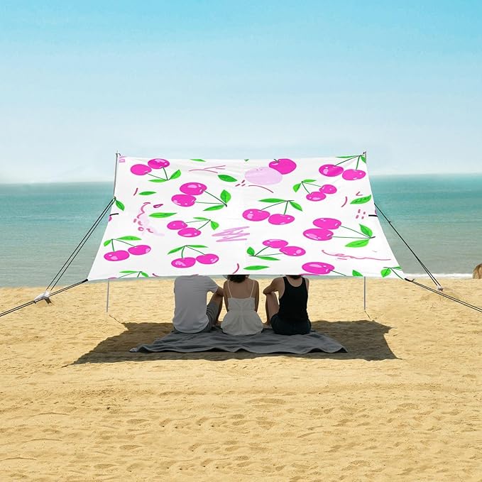 Beach Canopy with Windproof Ropes &amp Sandbags Beach Tent Sun Shade Sun Shelter for Camping Trips Fishing Backyard Fun or Picnics Red Cherries