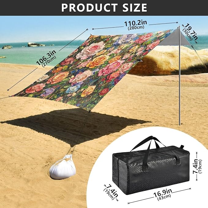 ALAZA Rose Flowers Painting Beach Tent Sun Shelter UPF50+ Protection Beach Shade Canopy w/ 4 Sandbags for Outdoor Camping Fishing Backyard Fun Picnic 10x9 ft