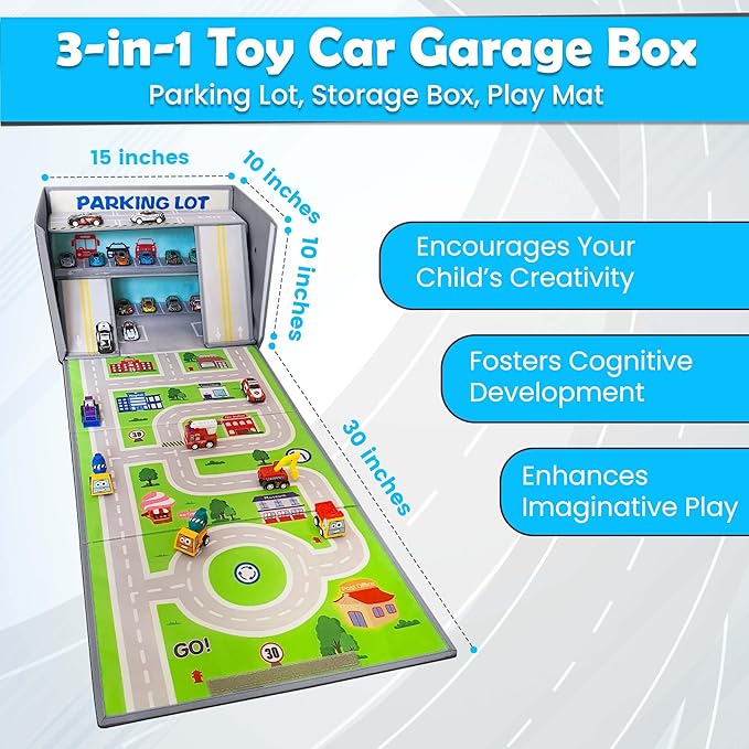 SAM AND MABEL Toy Car Garage Box with Play Mat – Kids' Racecar Storage Basket Stackable and Collapsible Organizer Bin (Cars Not Included) Gray