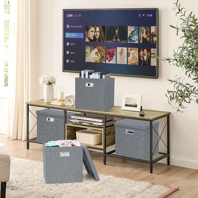 Storage Bins with Lids Collapsible Linen Fabric Boxes Organizer Containers with Lid Foldable Storage Box Basket for Closet Shelves Home Office 12 x 12 x 12.4 Inch 4 Pack Dark Gray