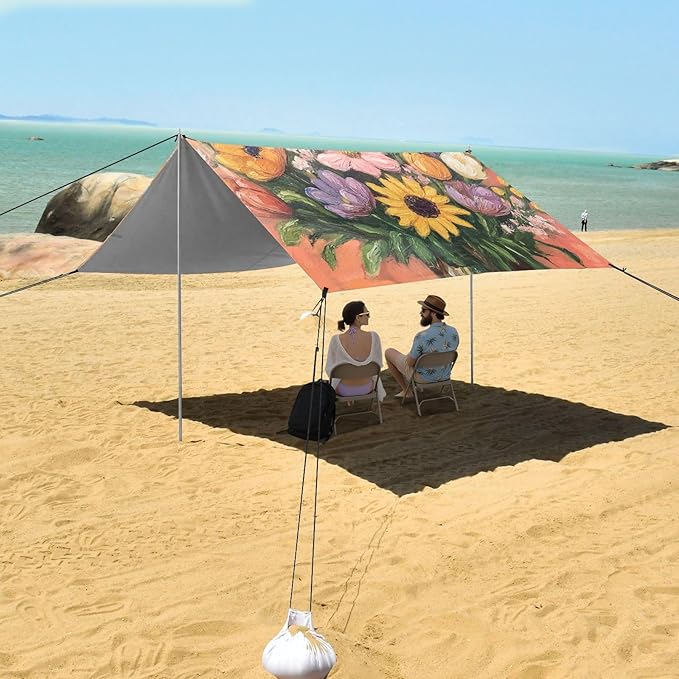 Spring Flowers Flower Bouquet Foldable Beach Tent UPF50+ Protection Waterproof Large Sun Shelter with Sand Shovel for Camping Picnics Backyard