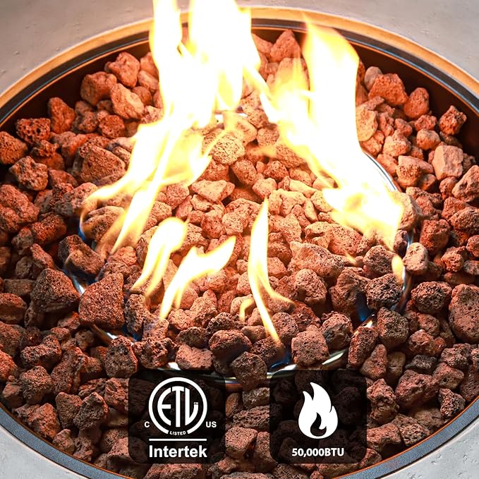 2-Piece Outdoor Propane Fire Pit Table Set w/Tank Cover Table 36-inch 50000 BTU Concrete Firepit SUS201 Round Burner with Steel Lid Lava Rocks Rain Cover