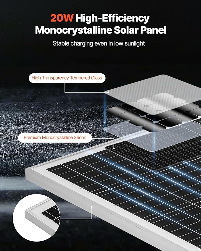 VEVOR 20W 12V Solar Battery Trickle Charger Maintainer Mono Solar Panel Battery Charger with Built-in MPPT Controller &amp Adjustable Mount Bracket IP65 Waterproof for Car Boat RV Trailer House Roo