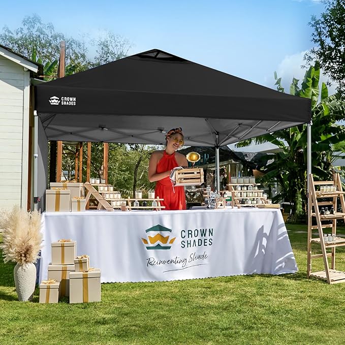 CROWN SHADES 10x10 Pop Up Canopy with 1 Side Wall - Beach Tent with One Push Setup - Outdoor Sun Shade for Events Parties Camping - Gazebo with STO-N-Go Cover Bag (Black)