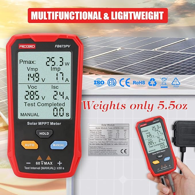 FrogBro Upgrade Solar Panel Tester Meter Photovoltaic Multimeter 800W Solar MPPT Meter with Large Ultra Clear LCD Smart MPPT Open Circuit Voltage Troubleshooting Utility Tool for Solar PV Testing