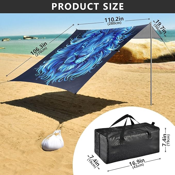 ALAZA Ice Lion Portrait Beach Tent Sun Shelter UPF50+ Protection Beach Shade Canopy w/ 4 Sandbags for Outdoor Camping Fishing Backyard Fun Picnic 10x9 ft