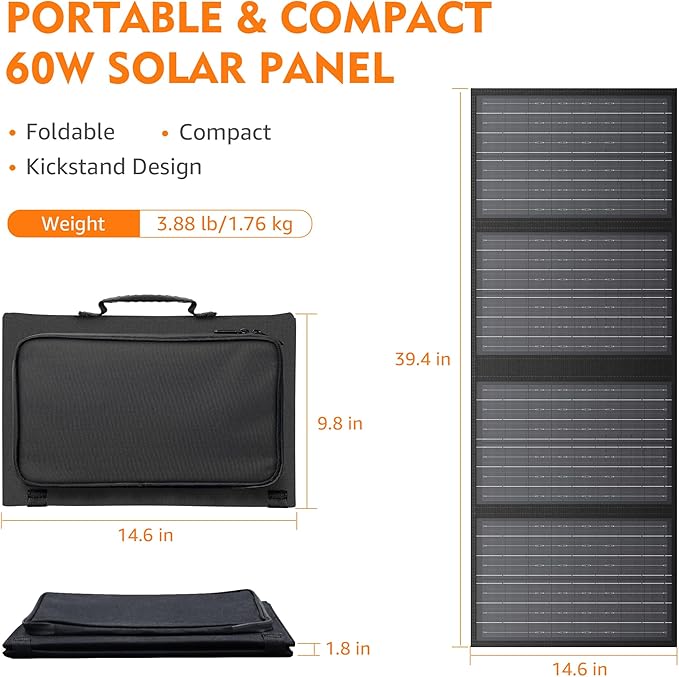 60W Solar Panel for Portable Power Station Foldable Solar Panel with 12-18V DC Output/USB QC3.0/USB C(10 Changeable DC Adapters) Portable Solar Panels for Camping Home Travel Rv