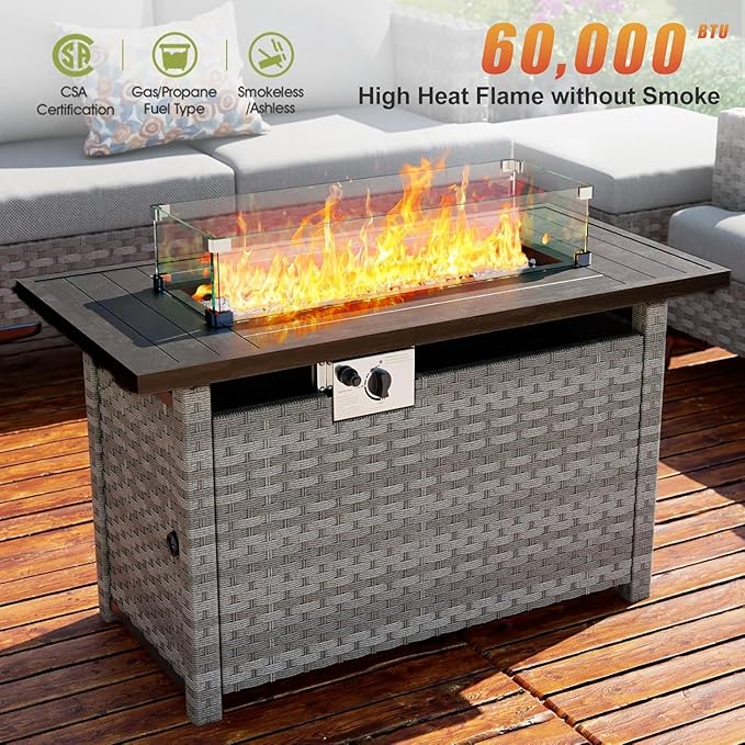 44 Fire Pit Table with Wind Guard for Outdoor Auto-Ignition Propane Gas Firepits Rattan Rectangular Table for Outside Patio 60000 BTU Gray