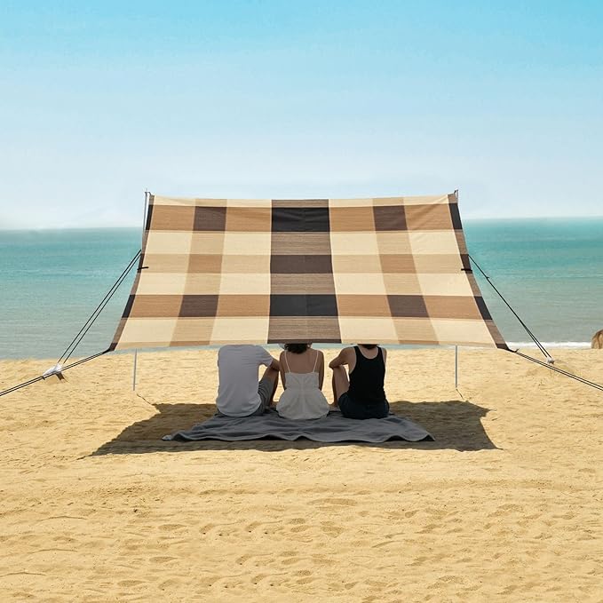 Sandybrown Buffalo Plaid Check Tartan Scotland Beach Cabana Tent UPF50+ Easy Setup Shade Sun Shelter with Sand Pockets for Camping Trips Fishing Backyard Fun or Picnics