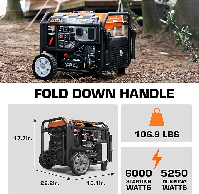 GENMAX Portable Inverter Generator 6000W open frame Gas Powered High Speed Engine with Electric Start Ultra Lightweight for Backup Home Use &amp Job SiteEPA Compliant (GM6000XiE)
