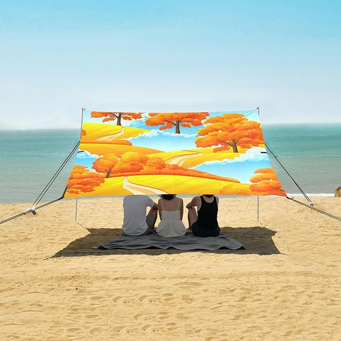 Autumn Beach Canopy Sun Shelter with Sandbags &amp Sand Shovel &amp Windproof Ropes - Portable 110x126 Beach Shade Beach Tent for Camping Picnics