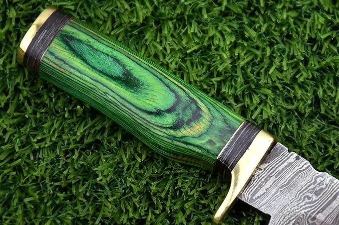 8-Inch Hand-Forged Damascus Steel Hunting Knife Fixed Blade Skinning Design with Leather Sheath Multicolor Wood Handle Brass Guard Twist Pattern Blade for Camping (Green)