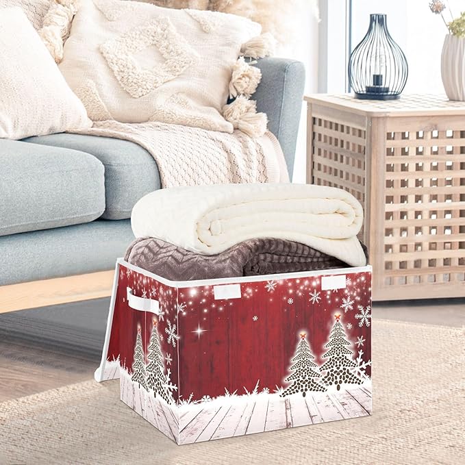 senya Christmas Storage Baskets Collapsible Bins with Lids Christmas Coffee Tree Red Wooden Storage Boxes Clothes Baskets for Organizing