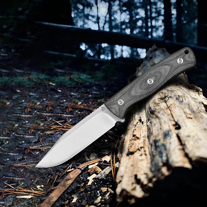 QSP Bison Fixed Blade Knife 4.5'' D2 Satin Blade Camping Knives with Kydex Sheath Black Micarta Handle EDC Knife for Outdoor Hiking Survival Hunting