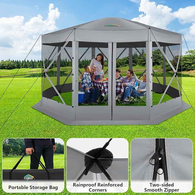 COBIZI Pop Up Gazebo Screen Tent Screen House for Camping 15x15 Screen Room with Mosquito Netting Hub Tent Instant Screened Canopy with Carrying Bag and Ground Stakes Gray