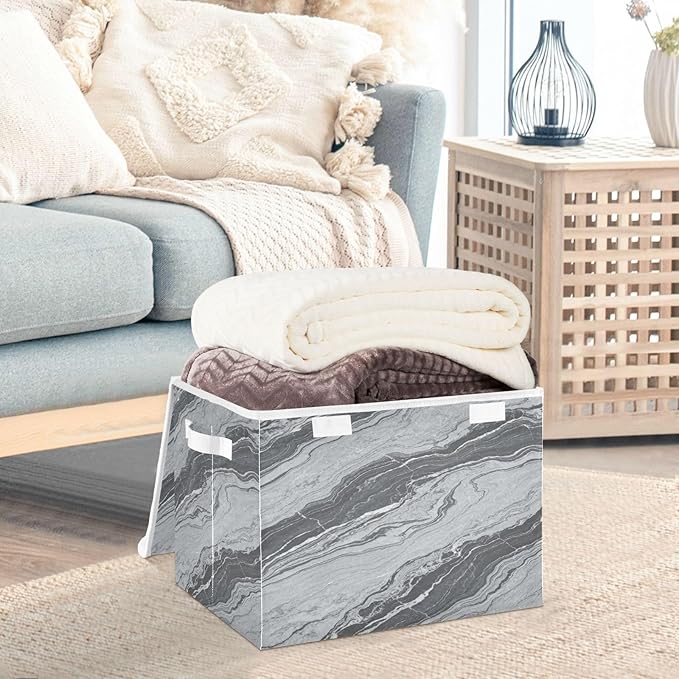 Storage Bins With Lid Stackable Fabric Closet Organizer Clothing Storage Large Boxes For Closet Shelves Bedroom Dark Grey Marble