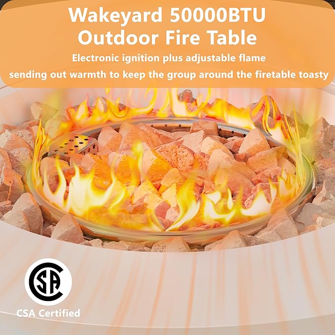 32.5 inch Outdoor Propane Fire Pit Table 50000 BTU Round Patio Fire Pit Table with Lid Waterproof Cover 10ft Gas Hose &amp Gas Tank Base Lava Rocks CSA Certified White
