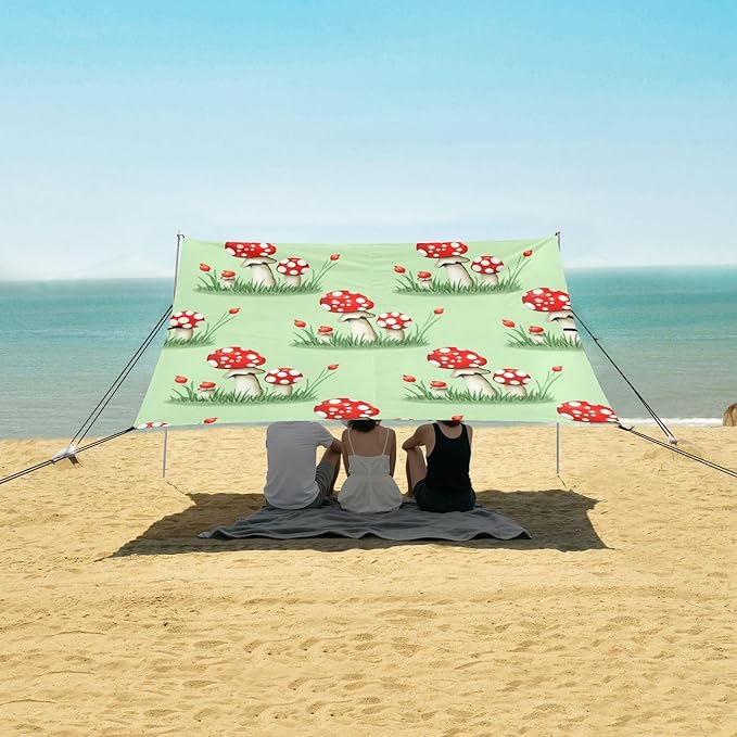 xigua Mushroom Beach Tent Sun Shelter with Carrying Bag - Silver Coated Oxford Fabric Beach Canopy for Beach Camping Fishing - Includes Windproof Ropes Sandbags &amp Stakes