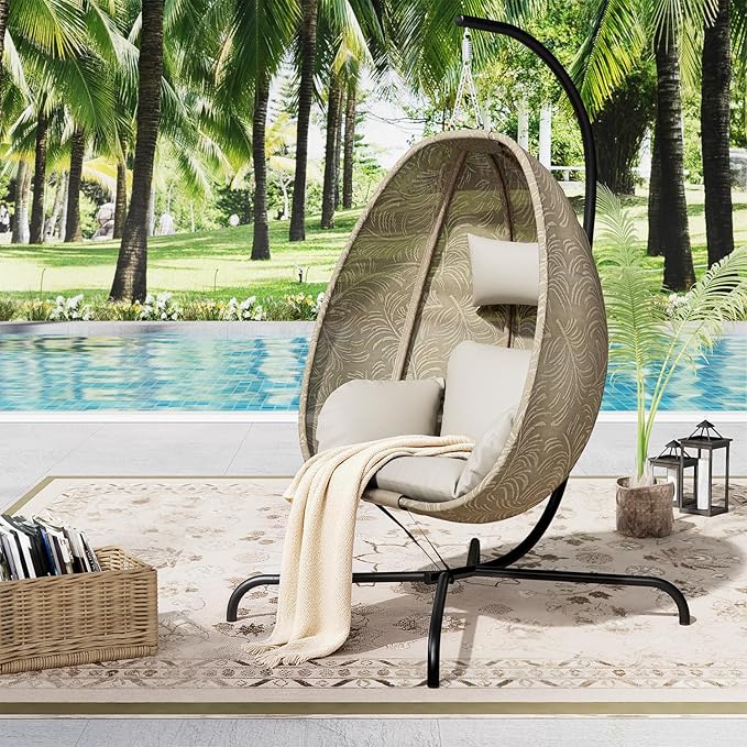 ALAULM Foldable Egg Chair with Stand 485LBS Capacity Textilene Hammock Swing Chair for Outdoor &amp Indoor Patio Hanging Chair with Strong Frame &amp UV Resistant Cushion for Balcony Bedroom Cre