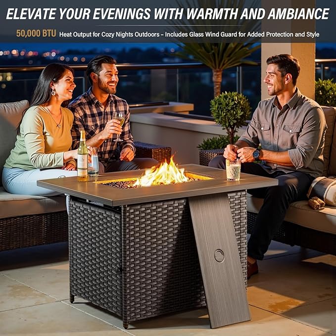 Belord 50000 BTU Propane Fire Pit Table with Lid and Lava Rock 41 inch Rectangular Outdoor Firepit Wicker Furniture Fireplace Table Perfect for Relaxed Outside Patio Backyard Ambiance Brown