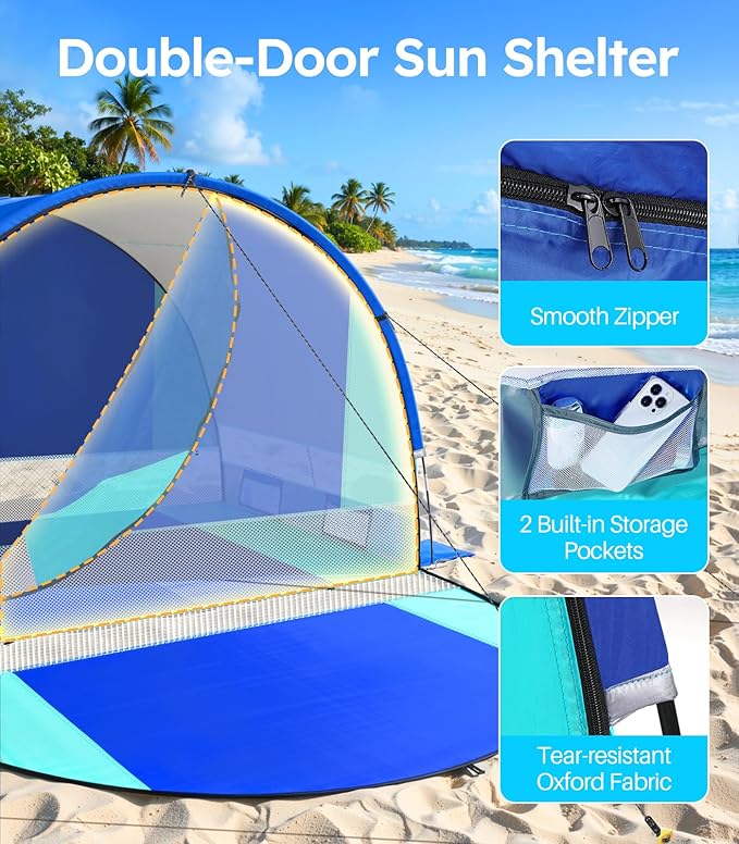 Rhino Valley Beach Tent with Double Zippered Doors Beach Tent Sun Shelter with UPF50+ UV Protection Beach Canopy Portable Storage Bag for Beach Camping Fishing for 3-4 People