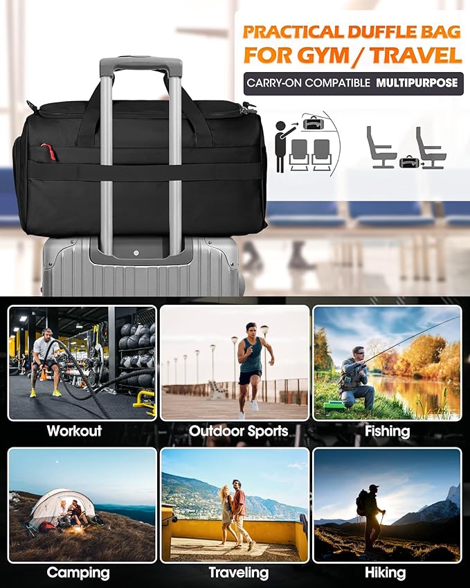 RAINSMORE Gym Bag for Men 45L Sports Travel Duffel Bag with Shoe &amp Laptop Compartment Gym Workout Backpack Carry On Weekender Bag Overnight Backpack for Travel Black