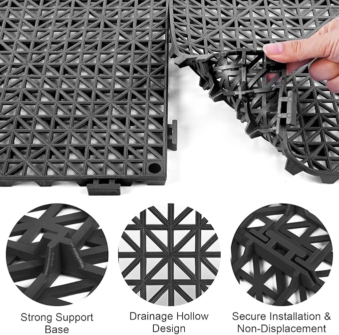 MYFAMIREA Modular Interlocking Cushion 8 Pack 11.8 x 11.8 Rubber Floor Tiles Non-Slip Splicing Drainage Mats for Deck Black