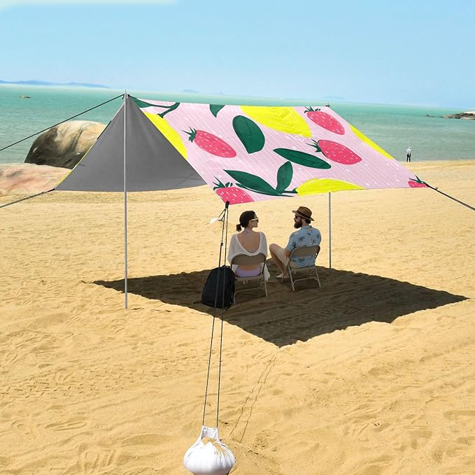 Beach Canopy with Windproof Ropes &amp Sandbags Beach Tent Sun Shade Sun Shelter for Camping Trips Fishing Backyard Fun or Picnics Lemon and Strawberry