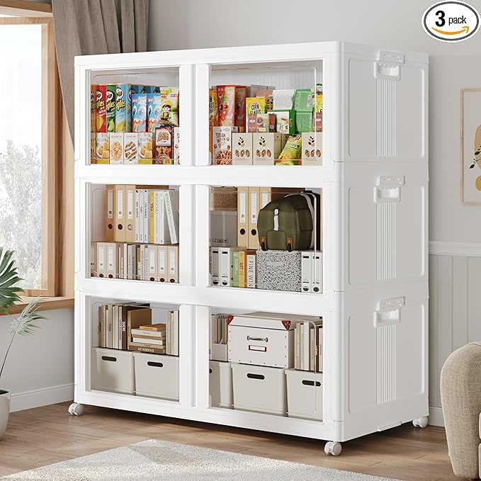 150Gal/600QT 3-Tier Stackable Collapsible Storage Bins Extra Large Closet Organizers with Lid &amp Wheels &amp Doors Foldable Plastic Cabinet Container for Clothes Snack Craft Organizing White