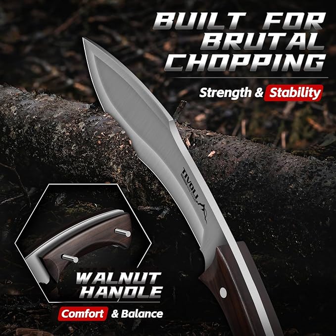 TIVOLI Kukri Fixed Blade Knife - Full Tang Survival Knife with Sheath Heavy-Duty Hunting Knives for Camping Bushcraft Gardening &amp Outdoor Adventures – Great Christmas Gift for Men and Women