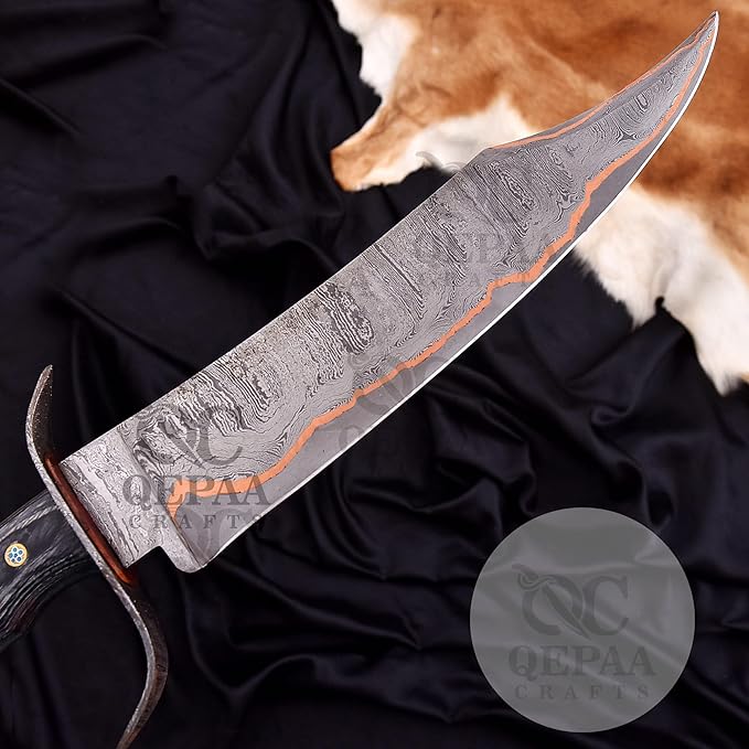 Handmade Copper Damascus Bowie Knife | San Mai Hunting Knife | Micarta Handle SurvivalBushcraft knives-Ideal for CampingSkinning Outdoor (QC-301)