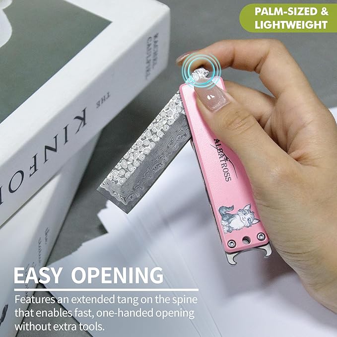 ALBATROSS Pink Damascus Cute Cat Pattern Pocket Knife - Stocking Stuffer for Women 3.5 Titanium Alloy Box Cutter - EDC Keychain Gadgets with Bottle Opener Mothers Gift Day for Cat Lovers