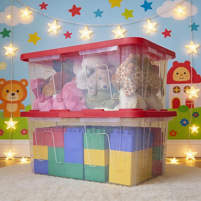 15-Gallon Clear Heavy Duty Plastic Storage Bin with Secure Red Snap Lid Large Durable Storage Container Tote for Home Organization