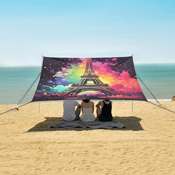ALAZA Retro Eiffel Tower Vintage Colorful Beach Tent Sun Shelter Portable Canopy Sunshade for Outdoor Camping Picnics Backyard Fun 10x9 ft