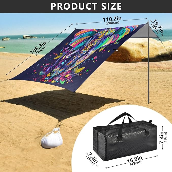 ALAZA Rainbow Elephant Flower Boho Beach Tent Sun Shelter UPF50+ Protection Beach Shade Canopy w/ 4 Sandbags for Outdoor Camping Fishing Backyard Fun Picnic 10x9 ft