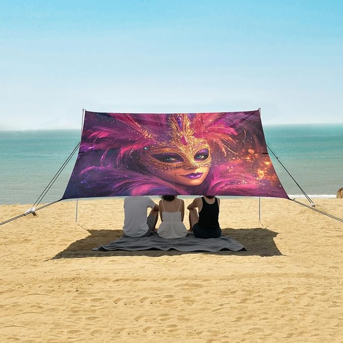 Carnival Masquerade Mask Mardi Gras Beach Tent Sun Shelter Set UPF50+ UV Protection 10.5 x 9.19 FT Camping Shade Canopy with Sandbags Sand Anchors Carrying Bag and Others