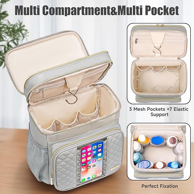 Large Leather Toiletry Bag for Women MenBathroom BagWater Resistant Shower BagMakeup BagPortable Shower Caddy for College DormHanging Travel Toiletry Bag with Transparent Waterproof Phone Pocket