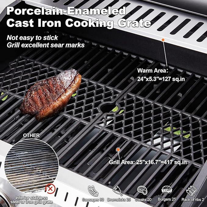 MELLCOM Stainless Steel 4 Burner BBQ Propane Gas Grill with Cast Iron Grates &amp Side Stove Stainless Steel 44000 BTU Burner Barbecue Grill for PatioCamping Outdoor Cooking