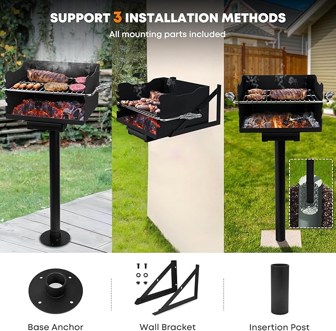 Stanbroil Charcoal Barbecue Grill for Outdoor Heavy Duty Steel Park BBQ Grill with Stainless Steel Cooking Grate and Above/In Ground Post for Camping and Backyard