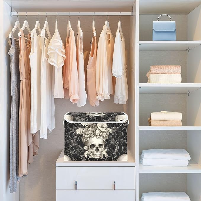 Storage Cube with Lid Retro Style Skulls Print 16.5×12.6×11.8 IN Collapsible Large Capacity Foldable Storage Basket Bin Organizer