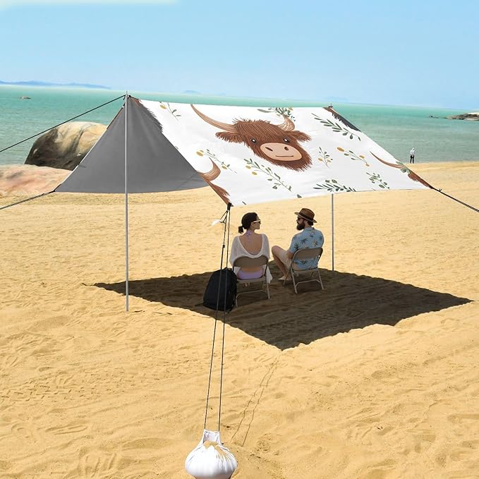 ALAZA Cartoon Highland Cattle Leaves Pattern Beach Tent Sun Shelter Portable Canopy Sunshade for Outdoor Camping Picnics Backyard Fun 10x9 ft
