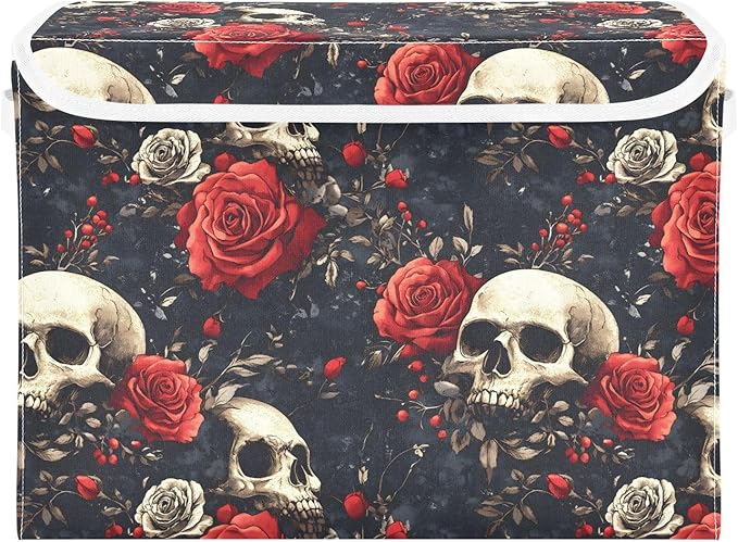 Rose Skulls Storage Cube Bins Basket with Lid Collapsible Flip-top Fabric with Handle for Home Bedroom Closet Office 16.5×12.6×11.8 in