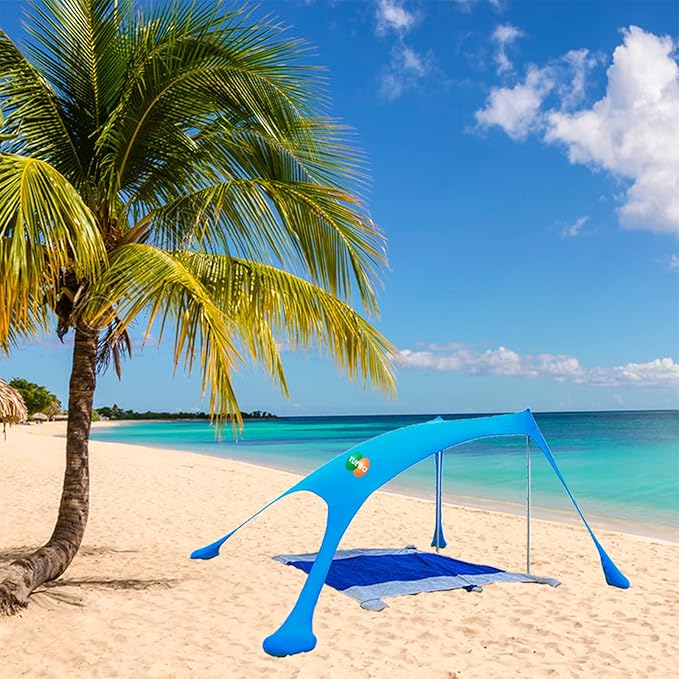 YUEWO 10x10FT Portable Family Beach Tent Sunshade Pop Up Sun Shelter 2 Poles for Beach Camping Fishing Backyard Picnic and Outdoors