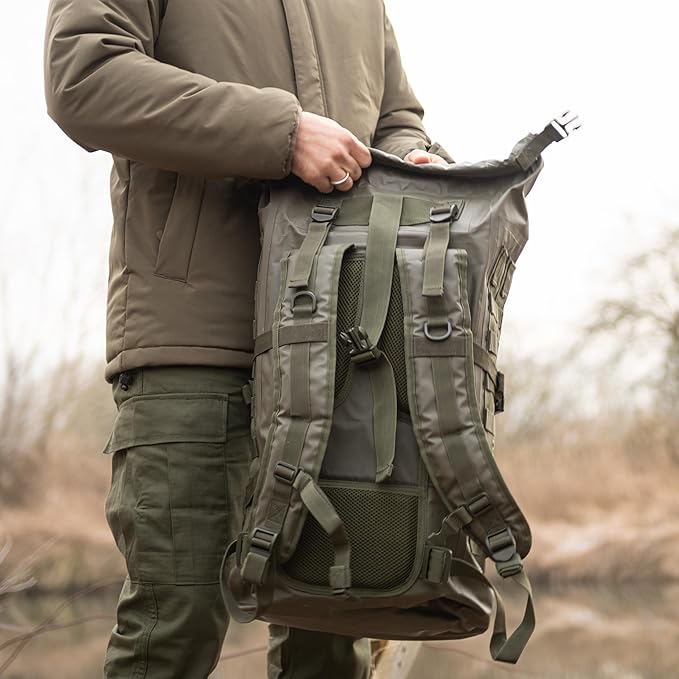 Mil-Tec Unisex 30L Tactical Seals Dry Bag - Secure Rugged Durable Waterproof Outdoor Kayaking Boating Camping Hiking MOLLE Backpack with Adjustable Wide Shoulder Straps &amp Padded Back Olive Drab