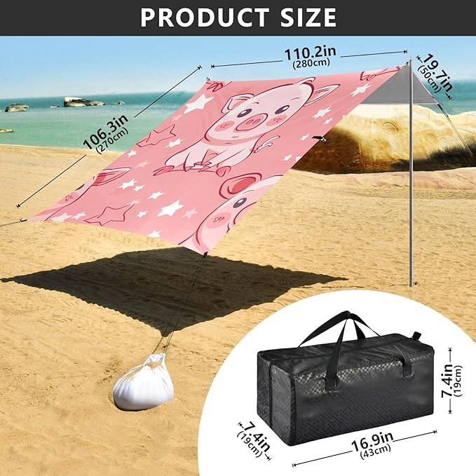ALAZA Cute Pig with Star on Pink Background Beach Tent Sun Shelter Portable Canopy Sunshade for Outdoor Camping Picnics Backyard Fun 10x9 ft