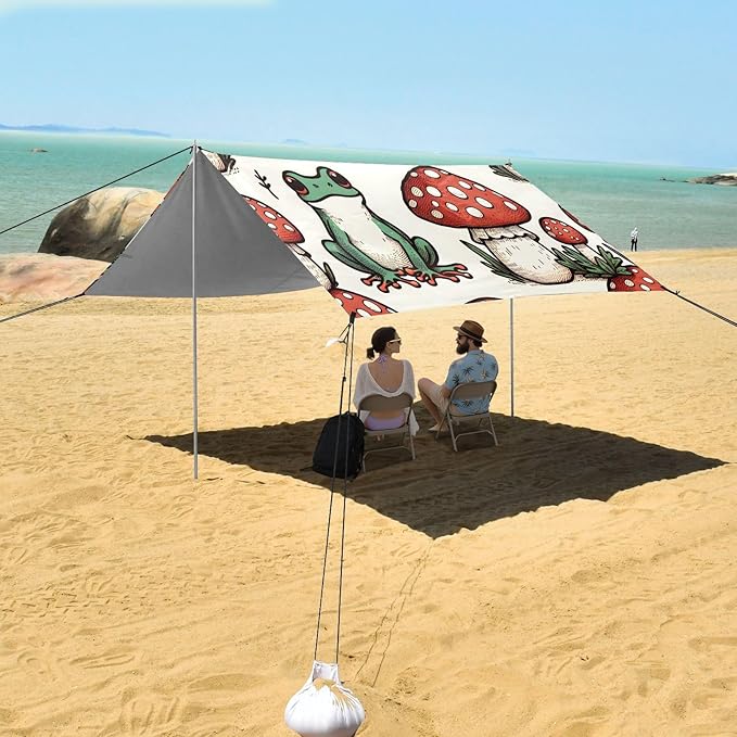 Frogs and Mushrooms Beach Tent Sun Shelter Set UPF50+ UV Protection 10.5 x 9.19 FT Camping Shade Canopy with Sandbags Sand Anchors Carrying Bag and Others