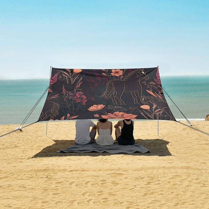 Night Horse Cross Flowers Field Beach Tent Sun Shelter Set UPF50+ UV Protection 10.5 x 9.19 FT Camping Shade Canopy with Sandbags Sand Anchors Carrying Bag and Others