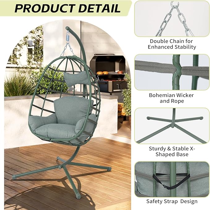Hanging Egg Chair with Stand Outdoor Indoor Patio Rattan Swing Hammock Chairs with Washable Cushion 350lbs Capacity PE Wicker Swing Chair for Backyard Bedroom Garden (Dark Green + Dark Green Cushion)