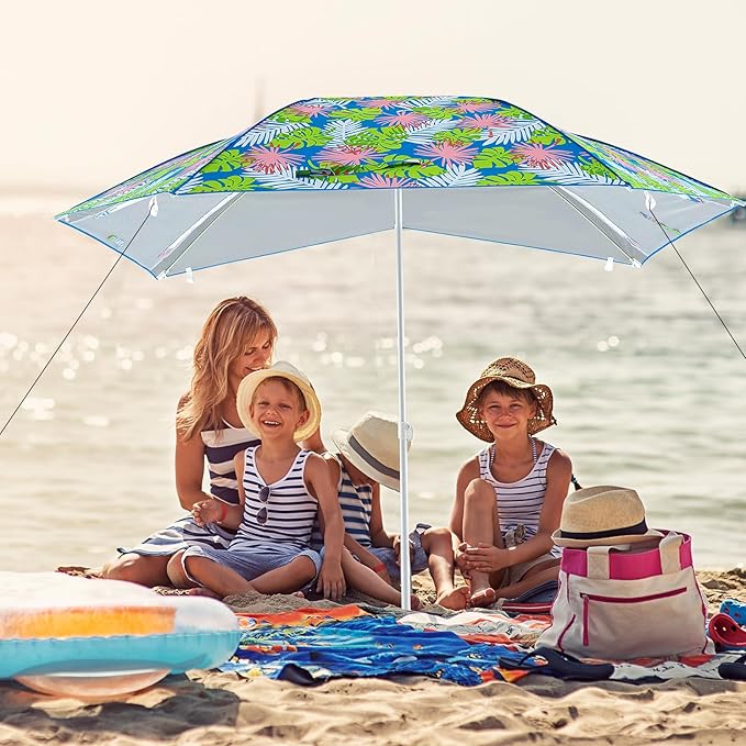 Tangkula Beach Tent for 2-4 People 2-in-1 Beach Tent Sun Shelter with Extendable Floor Roll-Up Windows UPF50+ Easy Setup Beach Umbrella for Shade Pool Backyard Camping
