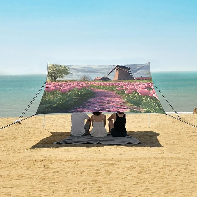 ALAZA Pink Tulips Windmill Beach Tent Sun Shelter Portable Canopy Sunshade for Outdoor Camping Picnics Backyard Fun 10x9 ft